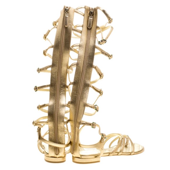 Chanel Leather Knee High Gripoix Embellished ‘CC’ Logo Gold Gladiator Sandals - Picture 6 of 9